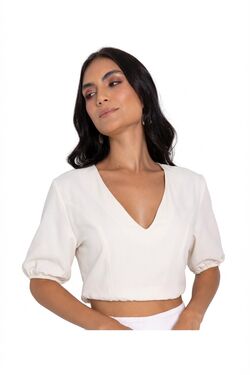 Blusa Cropped Slim Gola V Amarradinha Rovitex em Crepe Poliéster - 54196