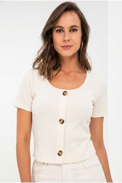 Blusa Cropped Slim Ribana Preta com Botões Frontais - 54197