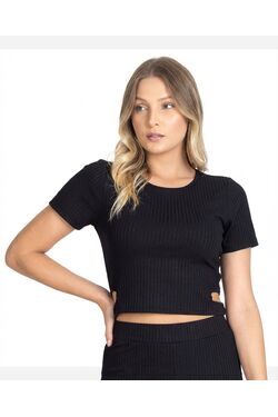 Blusa Cropped Slim Canelada com Abertura Lateral em Viscose – Preta