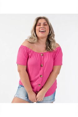 Blusa Plus Size Ciganinha Pink Rovitex em Ribana 92% Viscose