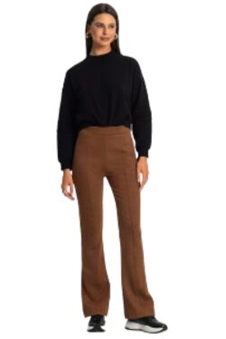 Calça Feminina Boot Cut Rovitex Ponto Roma Cós Elástico Marrom Confortável Elegante