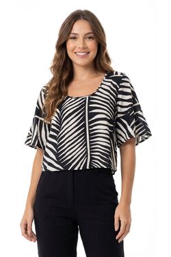 Blusa Cropped Feminina Rovitex Viscose Estampada Manga Evasê Preto e Branco