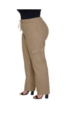 Calça Cargo Plus Size Wide Leg Shyros em Linho Caqui com Elástico e Cordão - 54335