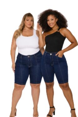 Bermuda Ciclista Jeans Feminina Plus Size Shyros Cintura Alta Destroyed com Elastano