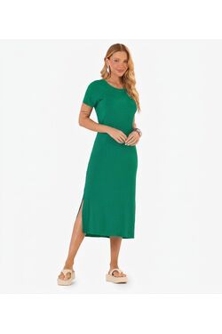 Vestido Midi Feminino Verde Ribana de Viscose Rovitex com Fenda Verde