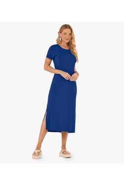 Vestido Midi Feminino Verde Ribana de Viscose Rovitex com Fenda Azul