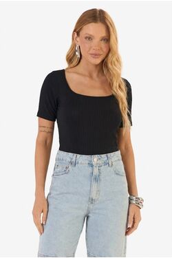 Blusa Feminina Canelada Rovitex Manga Curta em Viscose com Elastano Preto