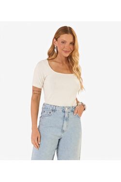 Blusa Feminina Canelada Rovitex Manga Curta em Viscose com Elastano Off White