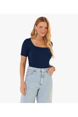 Blusa Feminina Canelada Rovitex Manga Curta em Viscose com Elastano Marinho