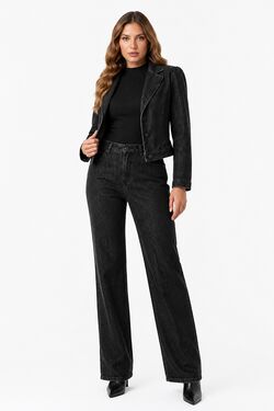 Jaqueta Jeans Feminina HNO Cropped Preta Marmorizada com Elastano
