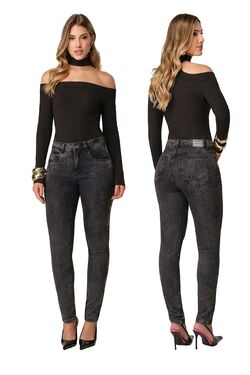 Calça Jeans Cigarrete Feminina HNO Cintura Alta Preta Marmorizada com Elastano