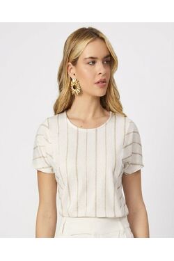 Blusa Feminina Visco Linho Lurex Listrada Endless Off White Dourado