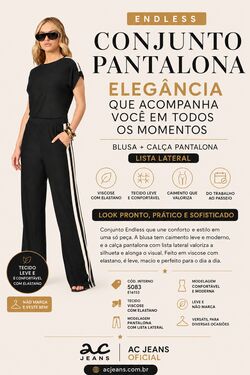 Conjunto Feminino Endless Pantalona com Faixa Lateral em Viscose com Elastano – Elegante  - 54469