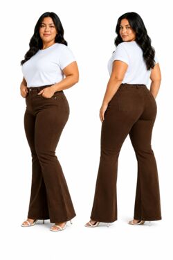 Calça Flare Feminina Plus Size Sarja Marrom Shyros com Elastano – 48 ao 56