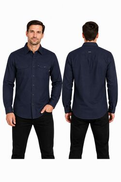 Camisa Masculina Sarja Manga Longa R Sete Slim ao Plus Size 2 Bolsos Marinho