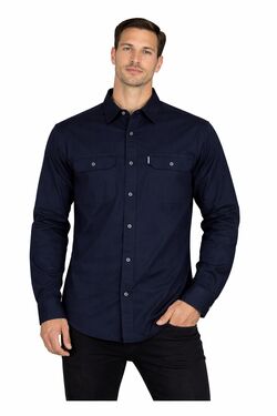 Camisa Masculina Sarja Manga Longa R Sete Slim ao Plus Size 2 Bolsos Marinho - 54798