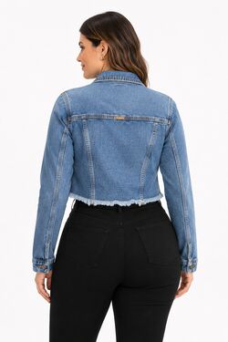 Jaqueta Jeans Feminina Cropped Bau Baki com Elastano e Barra Desfiada - 54814