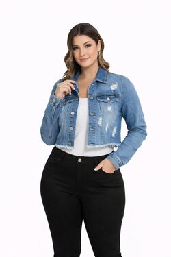 Jaqueta Jeans Feminina Cropped Bau Baki com Elastano e Barra Desfiada
