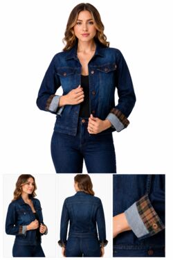 Jaqueta Jeans Feminina HNO com Elastano e Punho Xadrez - 54817