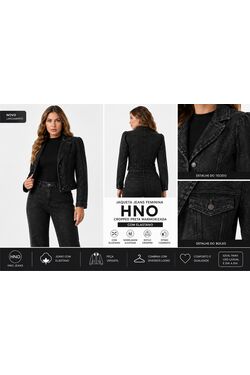Jaqueta Jeans Feminina HNO Cropped Preta Marmorizada com Elastano - 54819