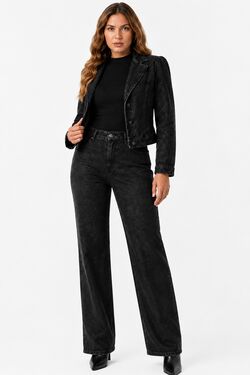 Jaqueta Jeans Feminina HNO Cropped Preta Marmorizada com Elastano