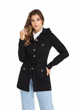 Jaqueta Parka Feminina Preta com Capuz e Ajuste na Cintura HNO