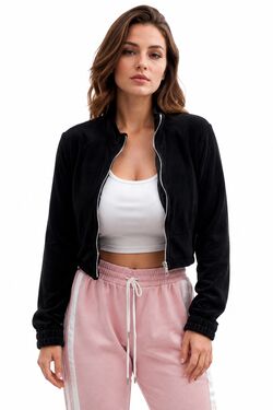Jaqueta Plush Feminina Cropped FitWell Preta com Zíper – Modelagem Jovem
