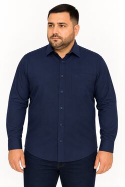 Camisa Masculina Plus Size Microfibra Manga Longa com Bolso Marinho Caw